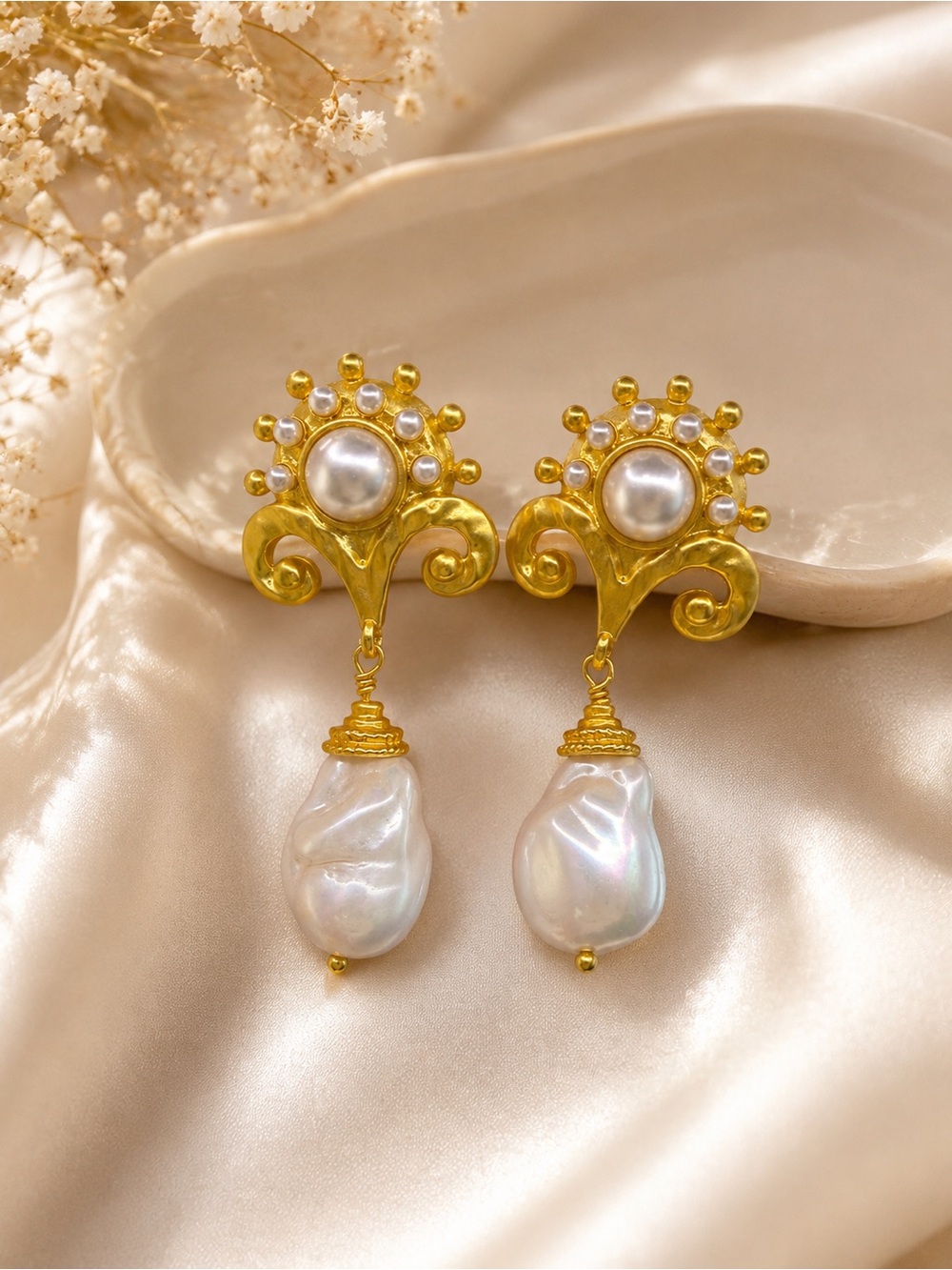 Gold and White Pearl Drop Earrings
